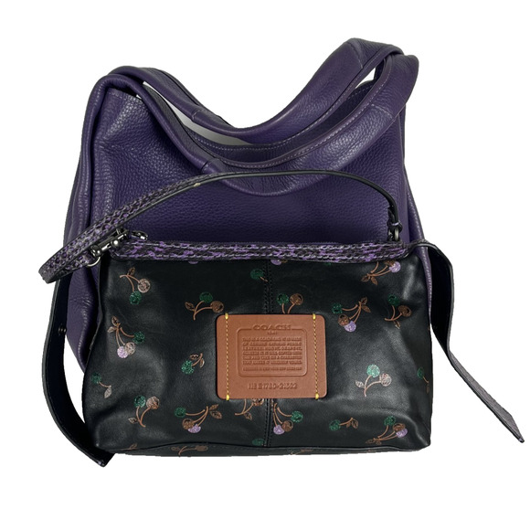 Authentic Coach Shoulder Bag Bandit Hobo 39 Pebble Leather Purple Cherry Pattern - Picture 1 of 16